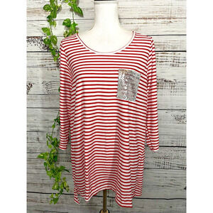 Avenue Top T Shirt 14 16 Red White Striped Stretch Jersey Silver Sequins Pocket